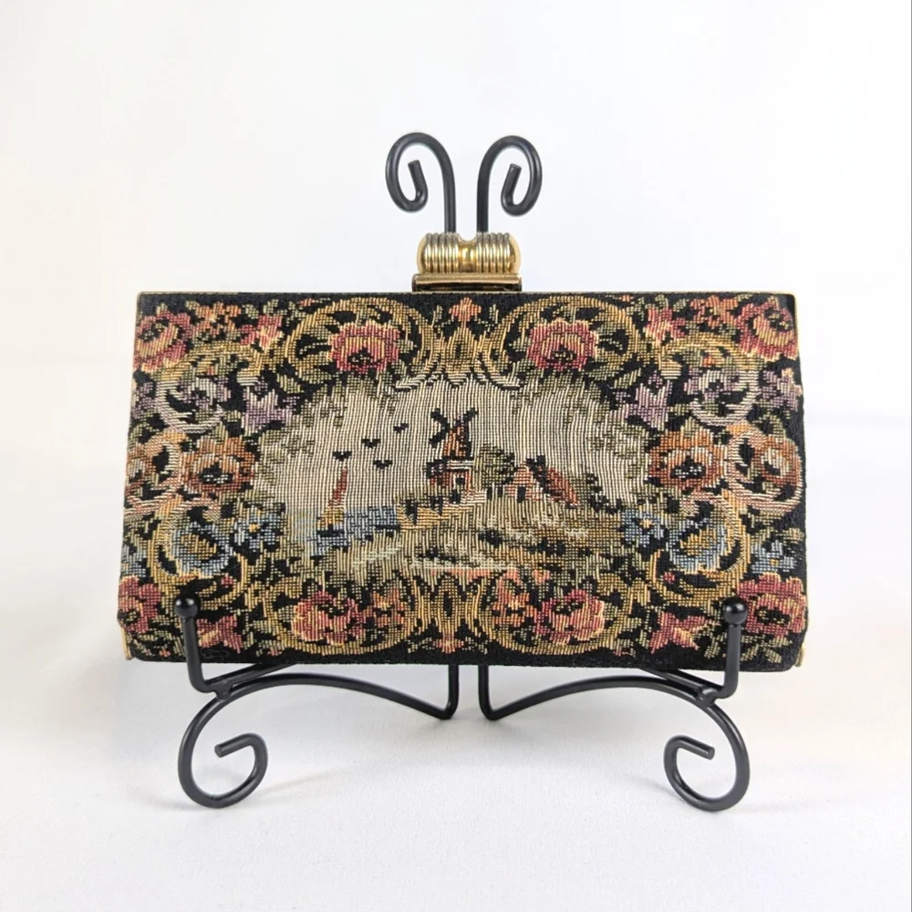 Vintage Armando del Storti Needlepoint Tapestry Clutch Italian Windmill Brass